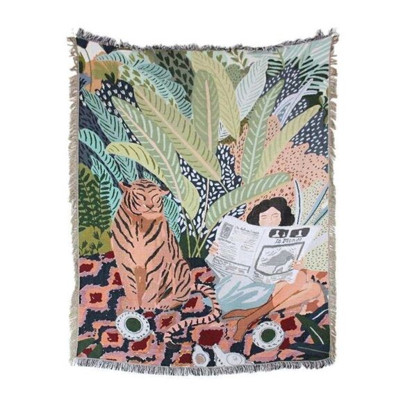 Boho Vibes Tiger and Woman Reading Woven Jacquard Throw Blanket Tapestry - Picture 1 of 6